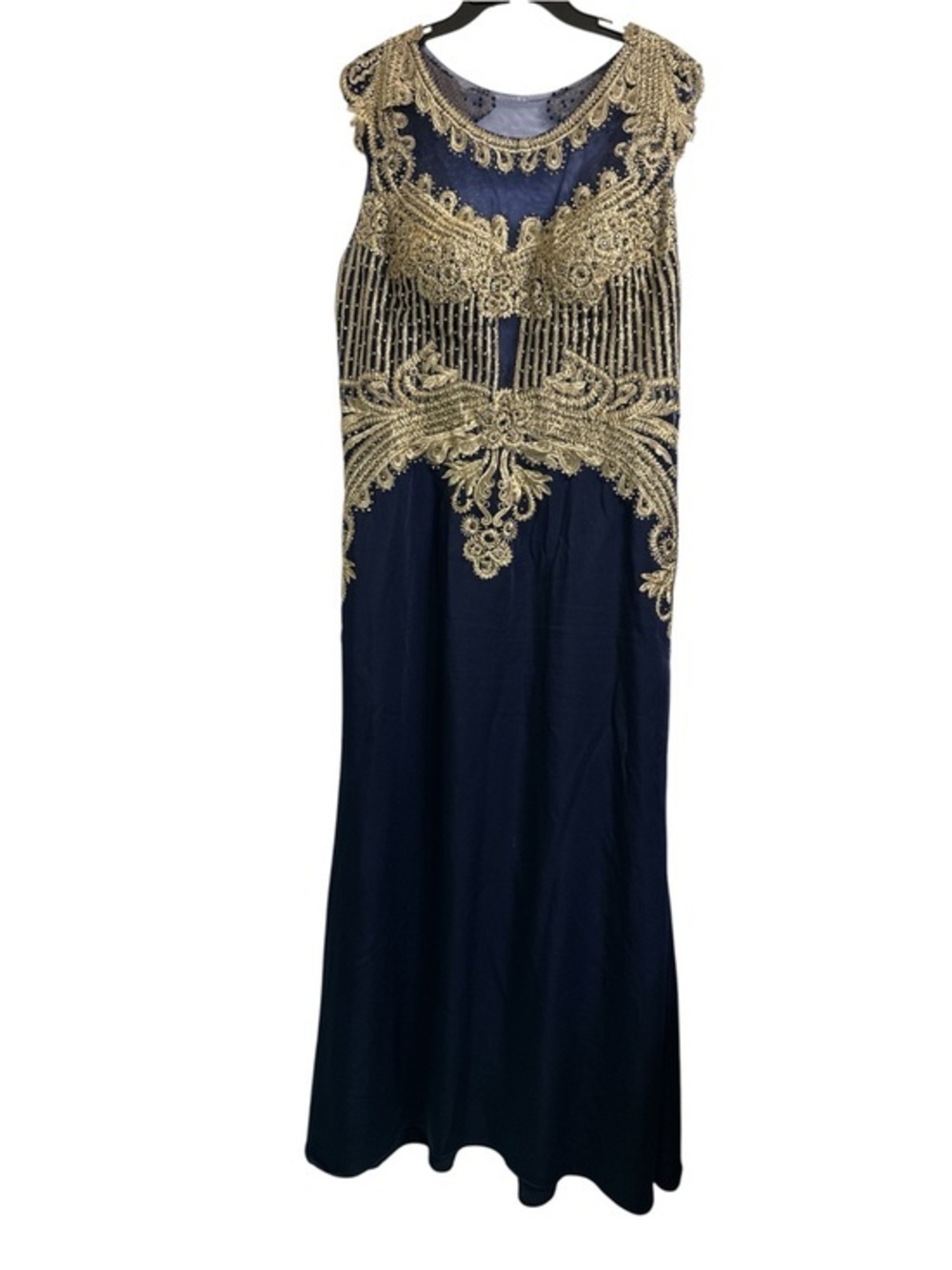 Navy Blue Prom Dress with Gold Embroidered Appliqué